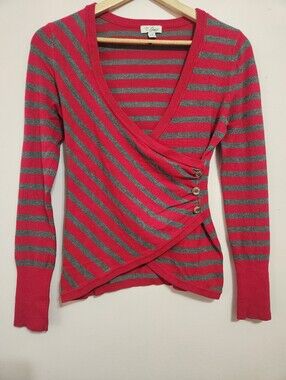 GUESS Red Grey Striped Faux Wrap V-Neck Sweater Buttons 2000s Y2K McBling S